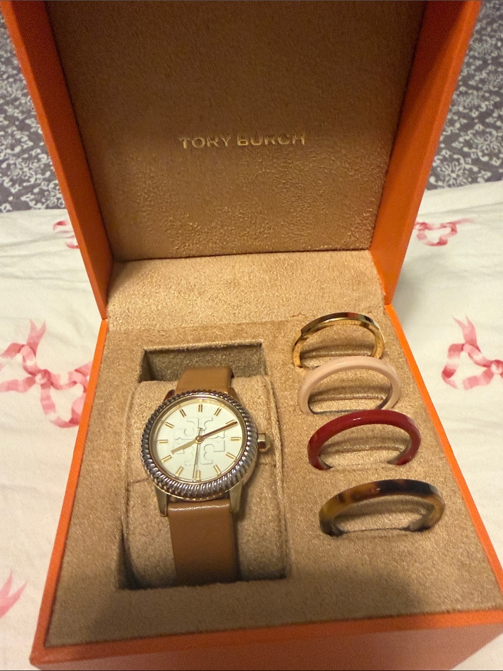 Tory Burch Tan Leather Strap Watch with Interchangeable Accent Rings